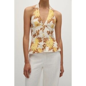 NWT Faithfull the Brand Marie Top in Midsummer Floral Mustard Brown Linen Halter